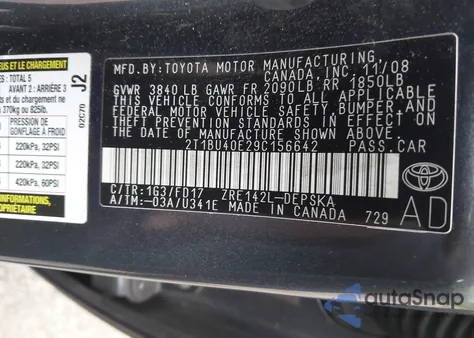 2009 Toyota Corolla S from USA, damaged, VIN 2T1BU40E29C156642